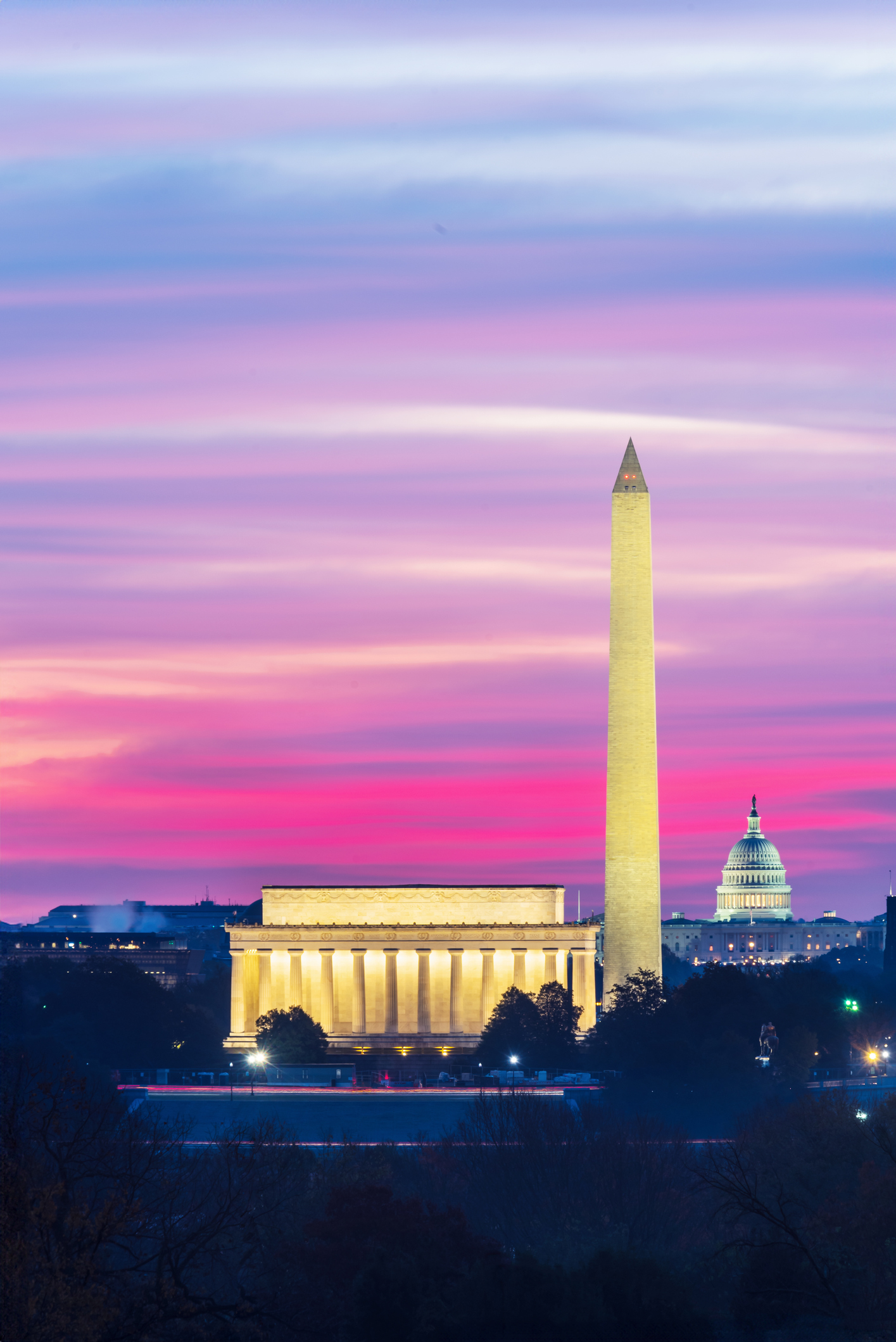 Washington DC skyline including Lincoln Memorial, Washington Monument, and The United States Capitol building